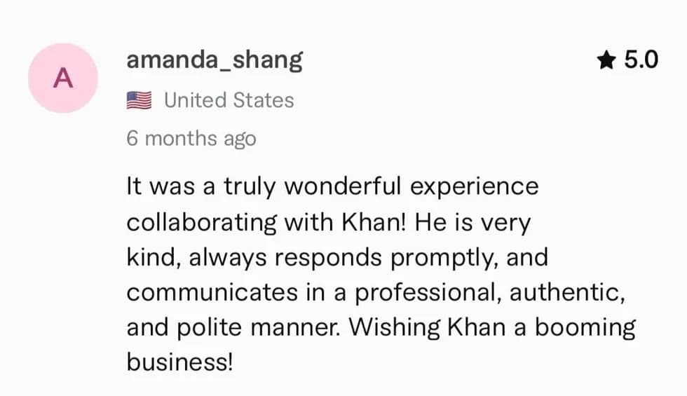 Long-form Fiverr review screenshot showing KhanCopyX project delivery and quality